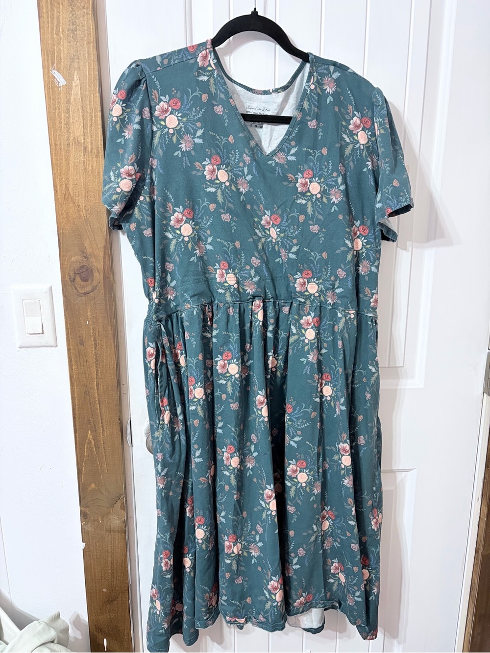 Floral V-Neck Midi Dress in Teal with Pink Accents